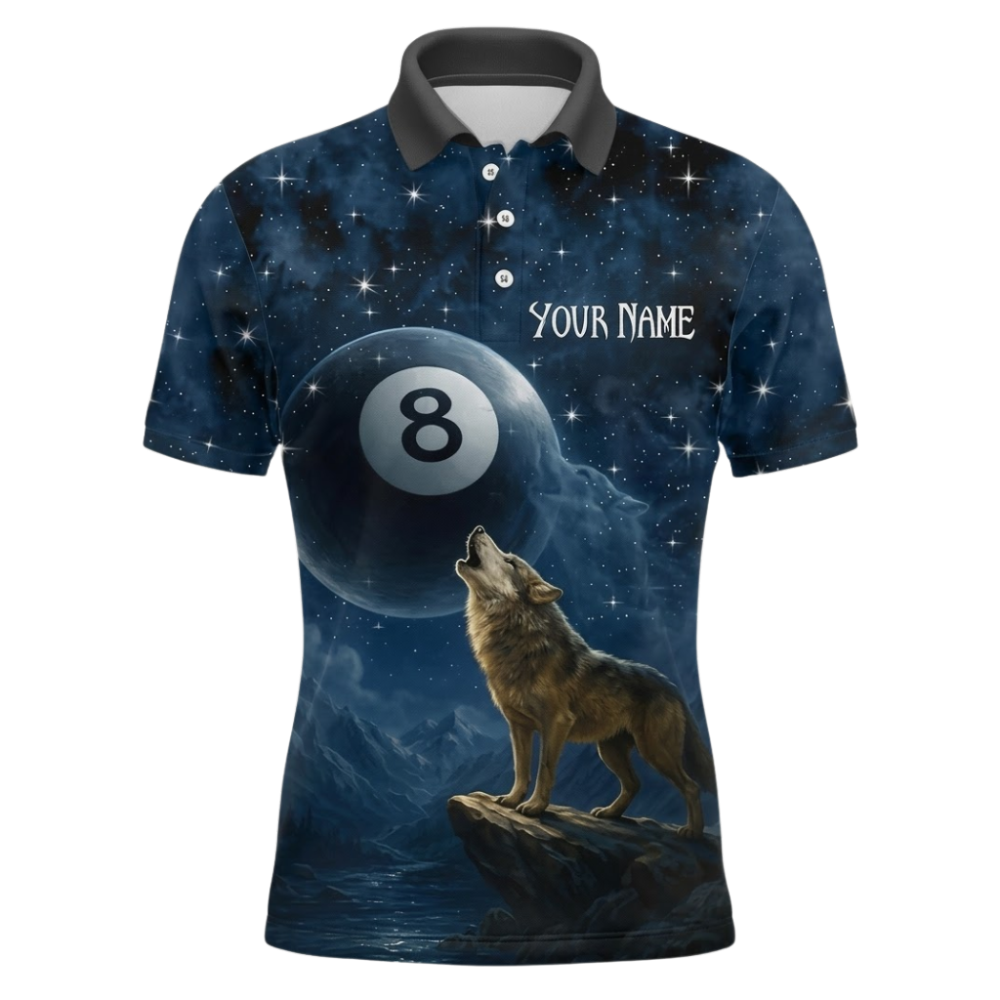 Custom Wolf Navy 8 Ball Men's Polo Billiard Shirt, Custom Wolf Team Billiard Shirt BIZ0342
