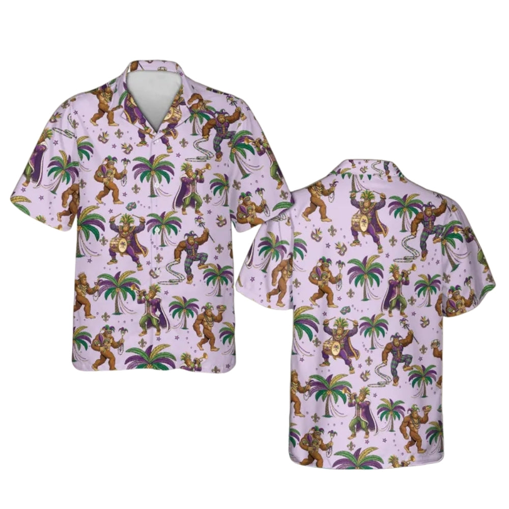 Funny Bigfoot Mardi Gras Hawaiian Shirt Men Women, Sasquatch Mardi Gras Hawaiian Shirts HE0002