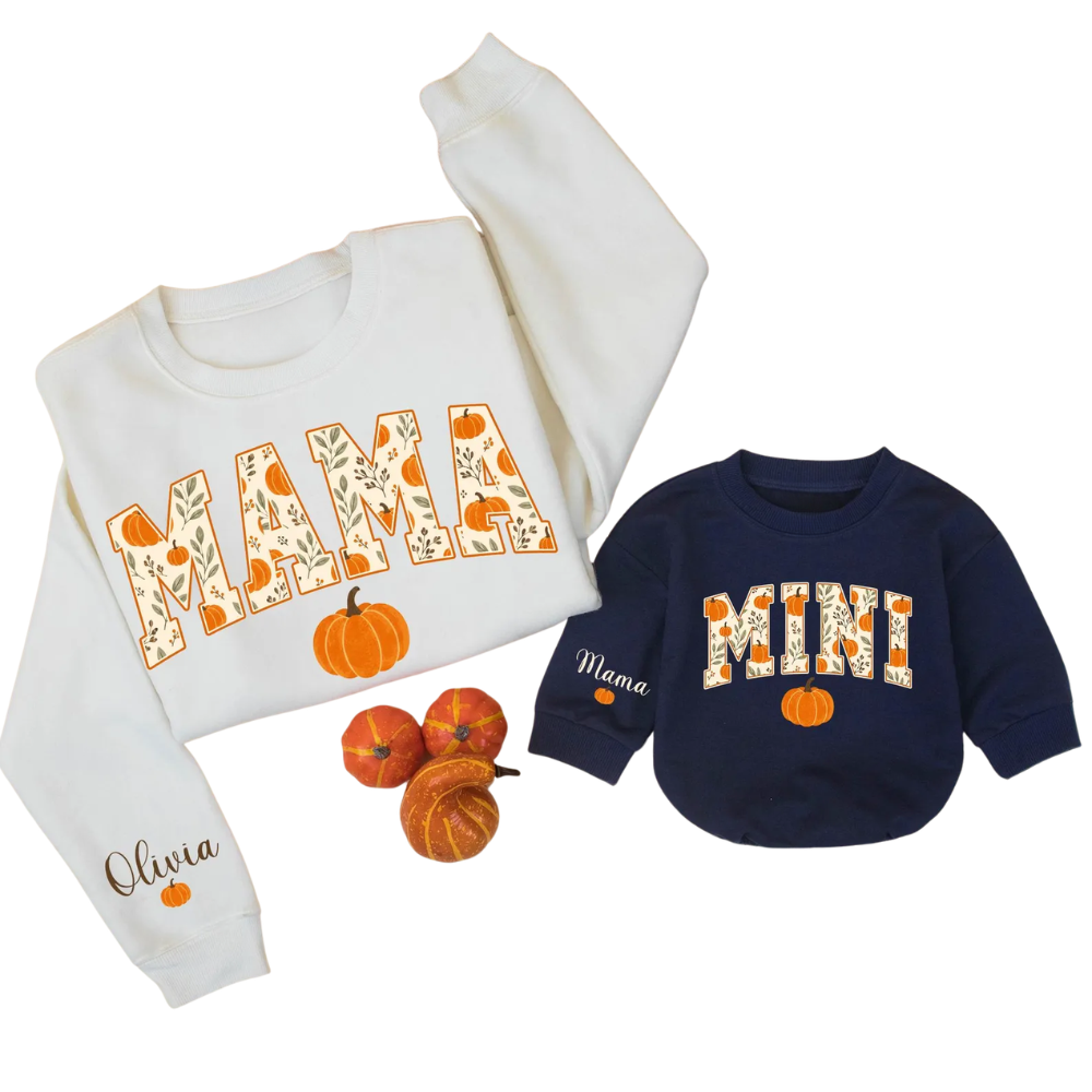 Custom Mama And Mini Pumpkin Sweatshirt Matching, Custom Pumpkin Mommy And Me Sweatshirt ET1706