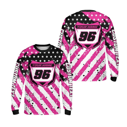 Custom Red White And Blue USA Flag Dirt Bike Long Sleeve Shirt For Men, Custom Patriotic Dirt Bike Jerseys Shirt ME0026
