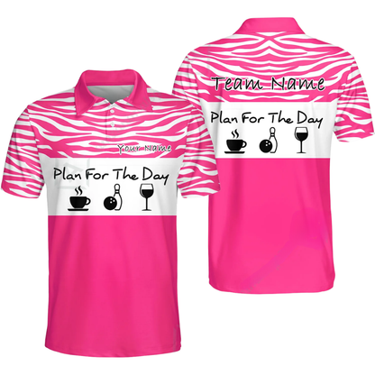 Plan For The Day Custom Mens Pink White Bowling Polo Shirt, Custom Funny Bowling Team Shirt BZ0777
