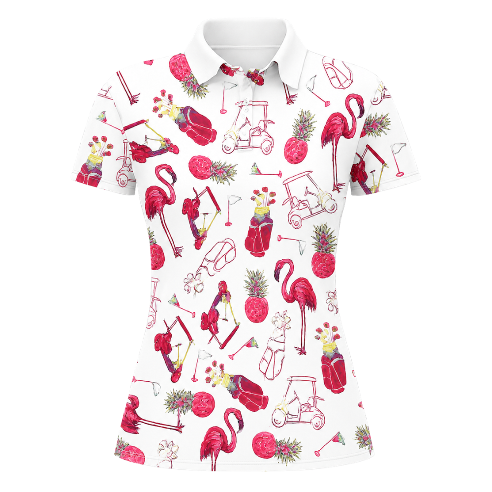 Flamingo Pineapple Women's Golf Polo Shirt, Tropical Flamingo Golf Shirt For Ladies GZ0286