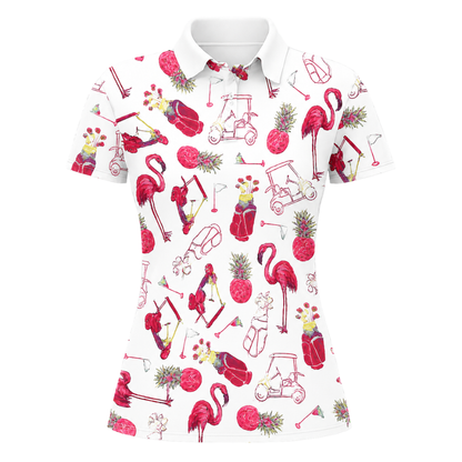 Flamingo Pineapple Women's Golf Polo Shirt, Tropical Flamingo Golf Shirt For Ladies GZ0286