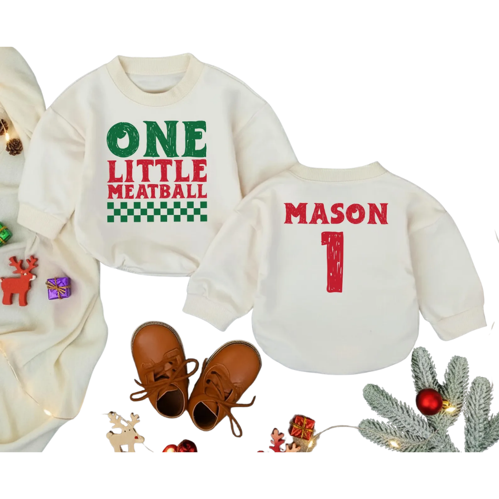 One Little Meatball Custom 1st Birthday Baby Romper Sweatshirt, Custom First Birthday Meatball Baby Romper Sweater BB0712