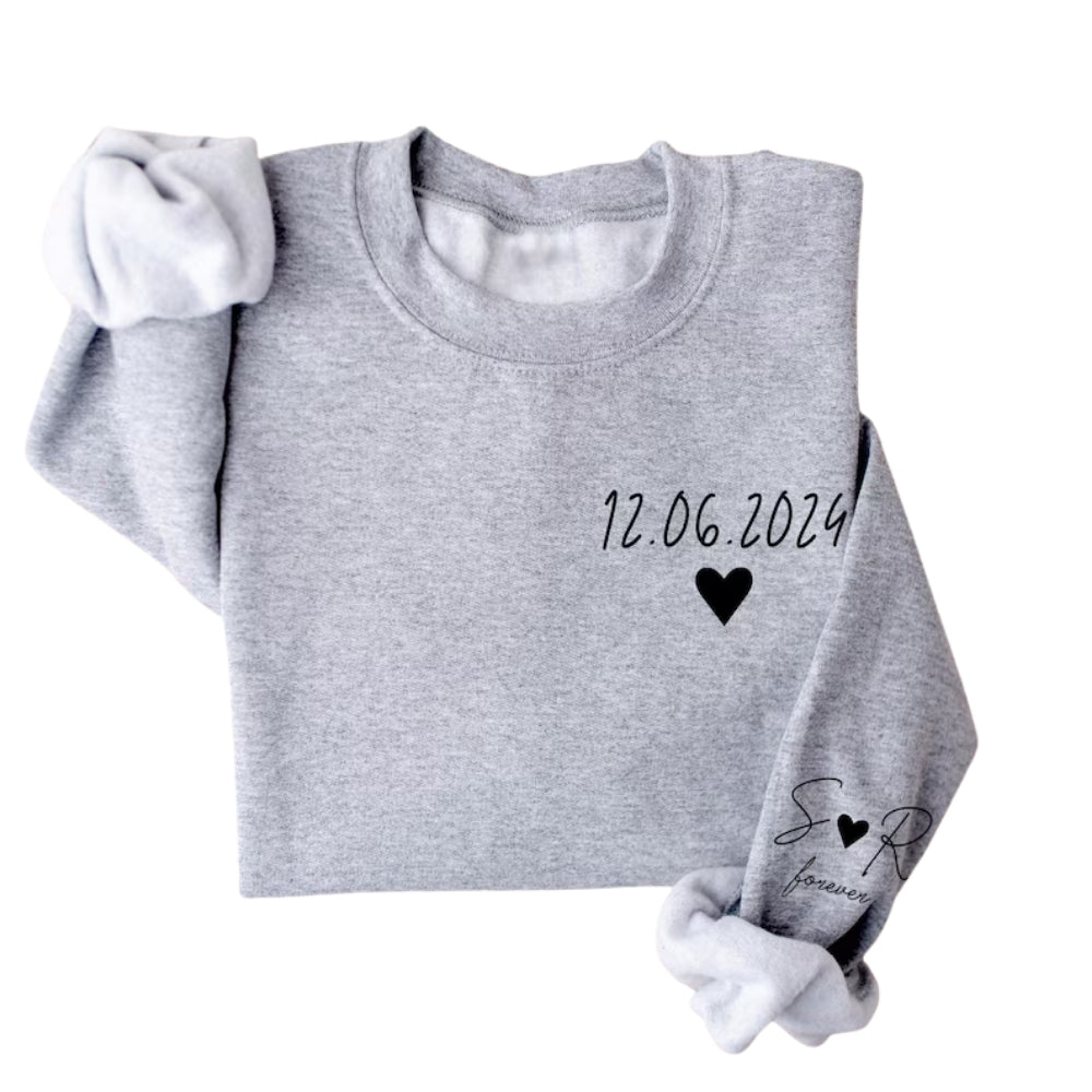 Custom Date Couple Sweatshirt With Initials On Sleeve, Custom Sweatshirt For Valentine Day 2D0817