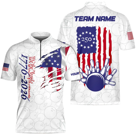 1776-2026 We The People American Flag Custom Mens White Bowling Jersey, Custom Patriotic 4th Of July Bowling Team Shirts BZ0502
