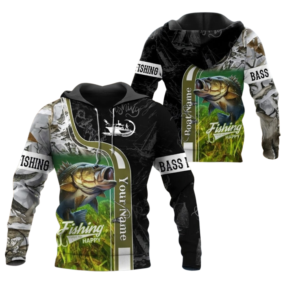 Bass Fishing Custom Name 3D Printed Hoodie Fishing Makes Me Happy, Custom Fishing Lover Hoodies 2D1199