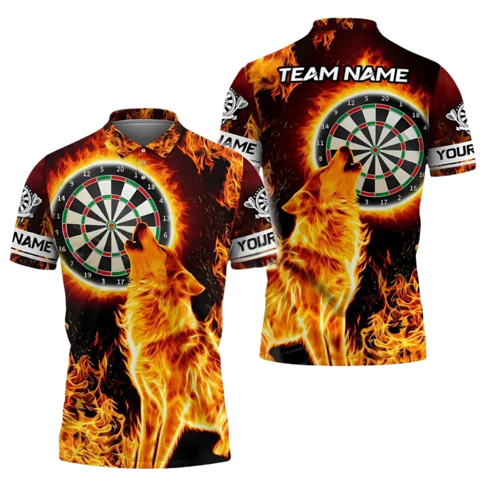 Custom Blue Flame Wolf Darts Polo Shirt Men, Custom Wolf Darts Team Shirts DE0013