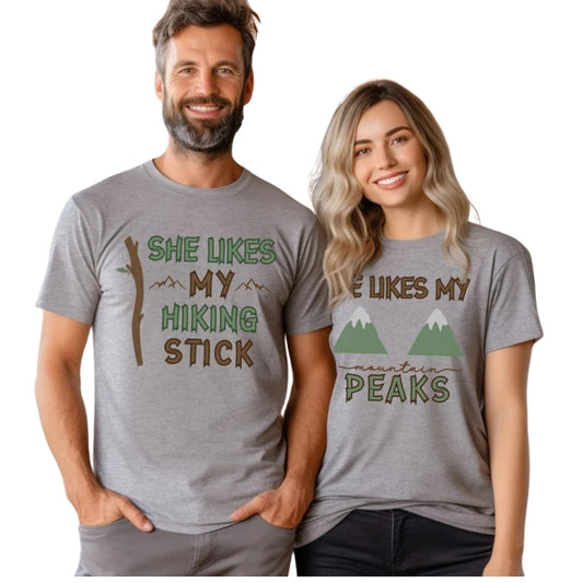 She Likes My Hiking Stick He Like My Peaks Matching Couple T Shirt, Funny Hiking Camping Matching Shirts For Couple ET0760
