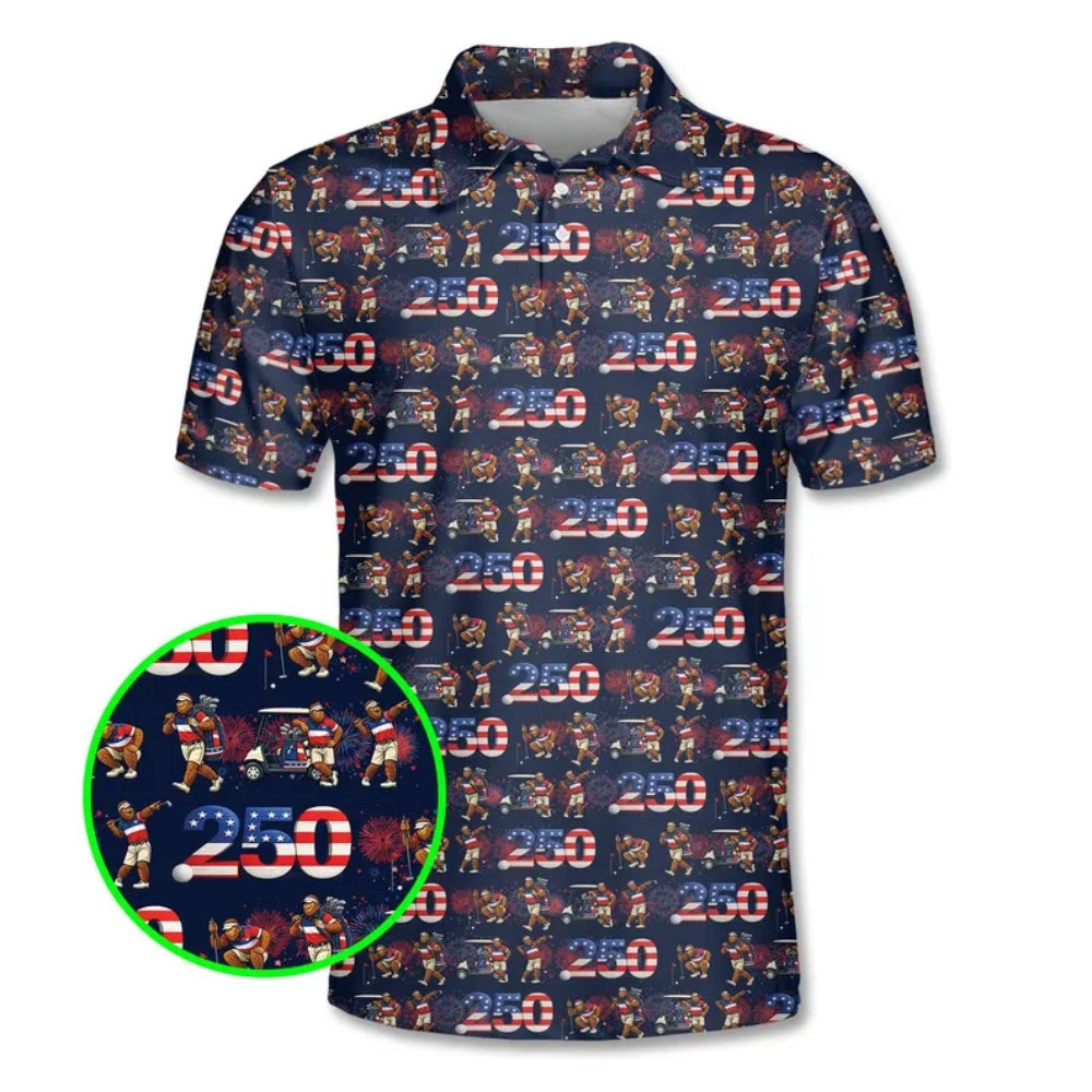 Bigfoot 250th Anniversary Golf Men's Polo Shirt, Sasquatch 4th Of July Patriotic Golf Shirts GE0363