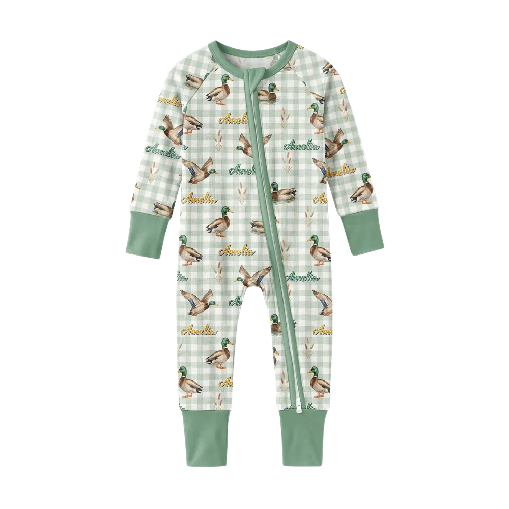 Custom Name Mallard Duck Baby Green Checkered Convertible Zippy Romper, Personalized Mallard Duck Convertible Romper For Baby BB0652