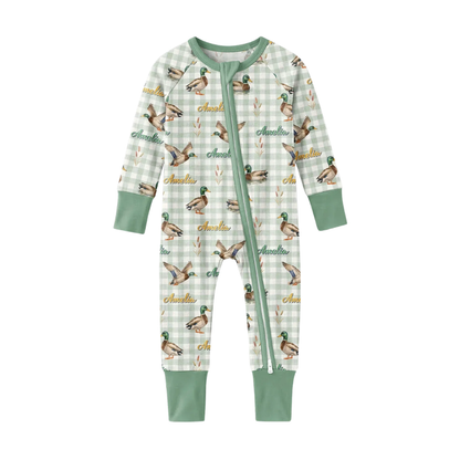 Custom Name Mallard Duck Baby Green Checkered Convertible Zippy Romper, Personalized Mallard Duck Convertible Romper For Baby BB0652