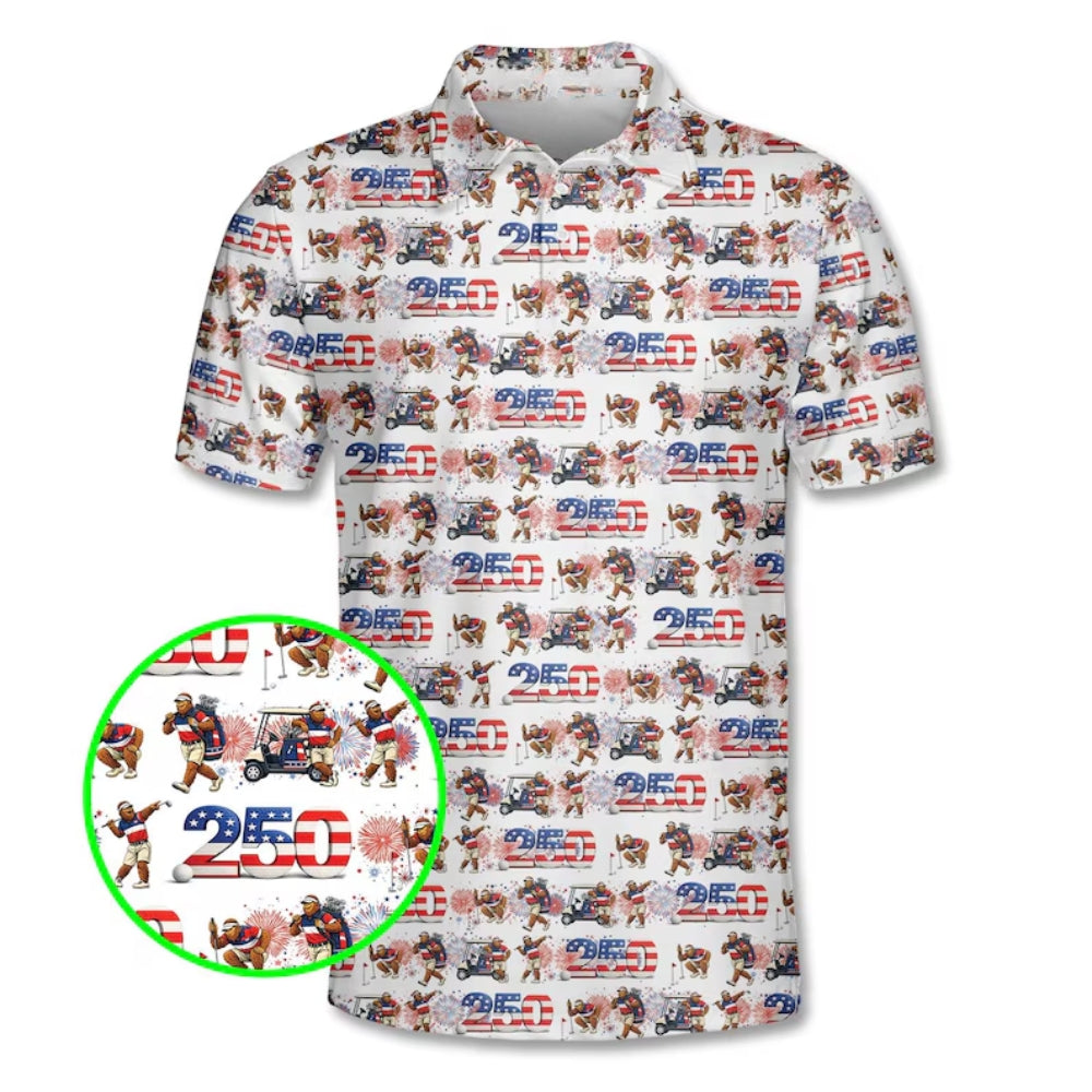 Bigfoot 250th Anniversary Golf Men's Polo Shirt, Sasquatch 4th Of July Patriotic Golf Shirts GE0363