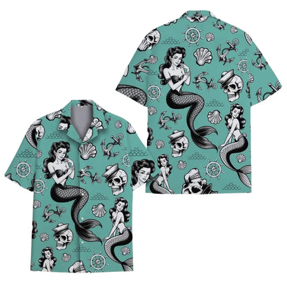 Mermaid And Skeleton Hawaiian Shirt For Men Women, Skull Mermaid Hawaiian Shirts HE0303
