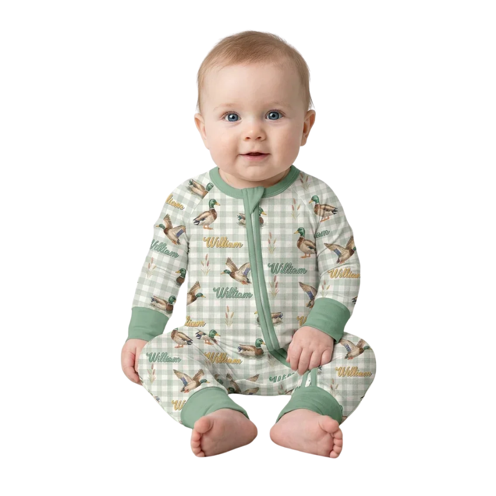 Custom Name Mallard Duck Baby Green Checkered Convertible Zippy Romper, Personalized Mallard Duck Convertible Romper For Baby BB0652
