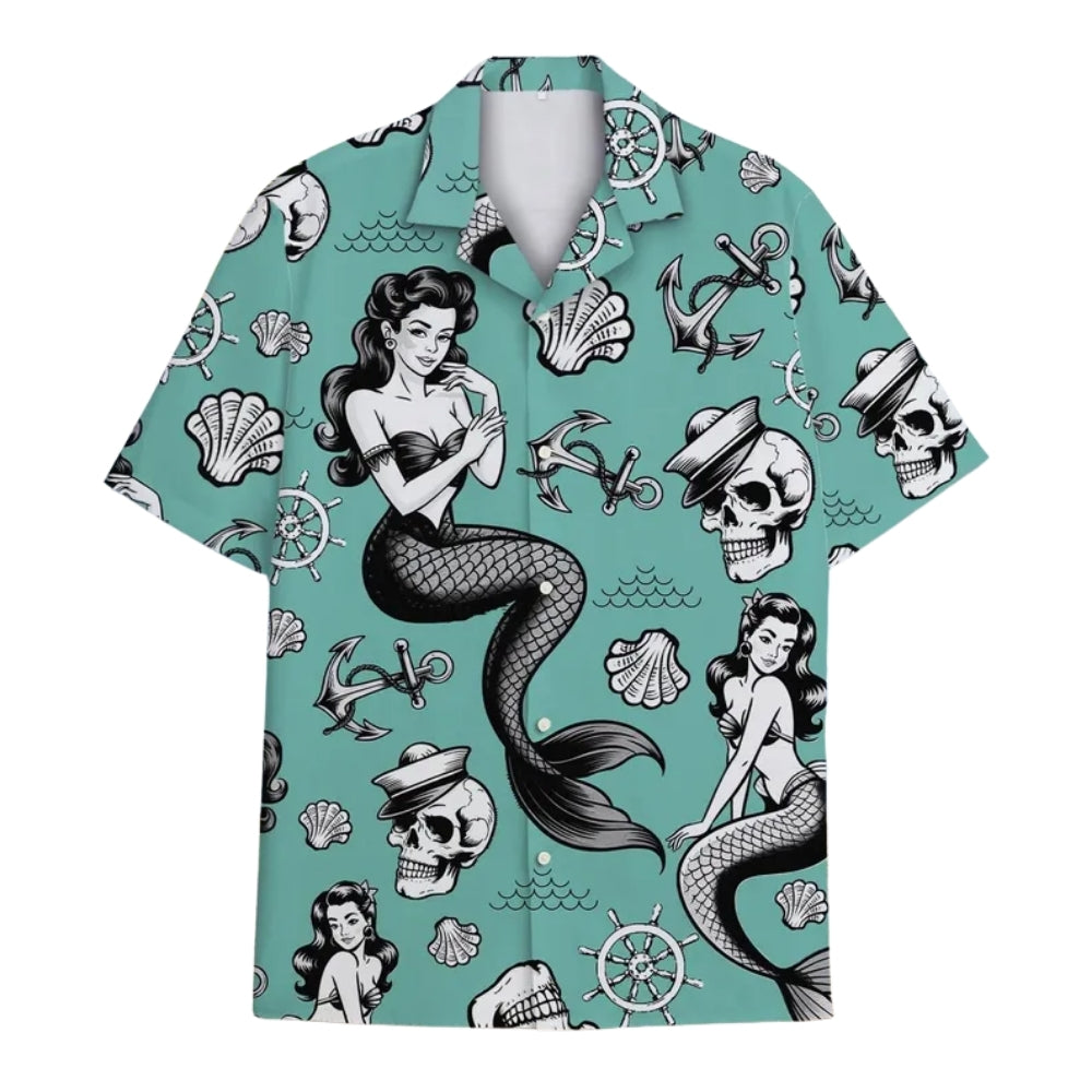 Mermaid And Skeleton Hawaiian Shirt For Men Women, Skull Mermaid Hawaiian Shirts HE0303