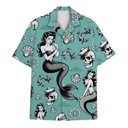 Mermaid And Skeleton Hawaiian Shirt For Men Women, Skull Mermaid Hawaiian Shirts HE0303
