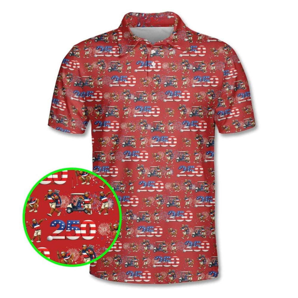 Bigfoot 250th Anniversary Golf Men's Polo Shirt, Sasquatch 4th Of July Patriotic Golf Shirts GE0363