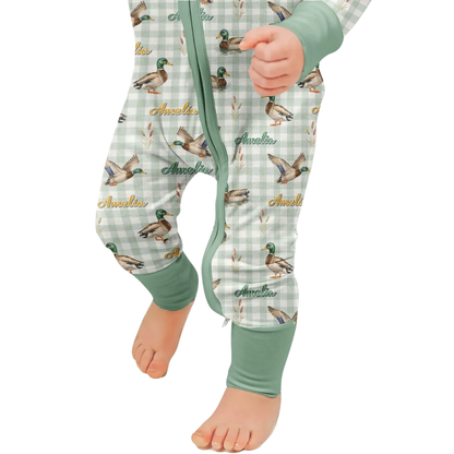 Custom Name Mallard Duck Baby Green Checkered Convertible Zippy Romper, Personalized Mallard Duck Convertible Romper For Baby BB0652