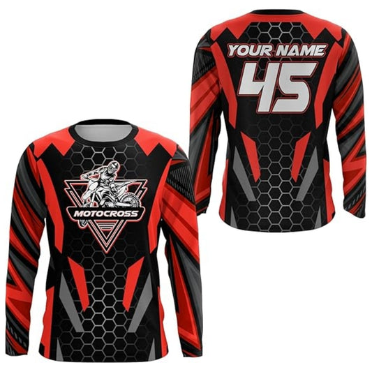 Men's Custom Motocross Long Sleeve Jersey Red, Custom Dirt Bike Shirts MZ0051