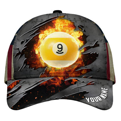 Custom Flame 9 Ball Billiard Baseball Cap With Name, Custom 9 Ball Billiard 3D Printed Cap CP0422