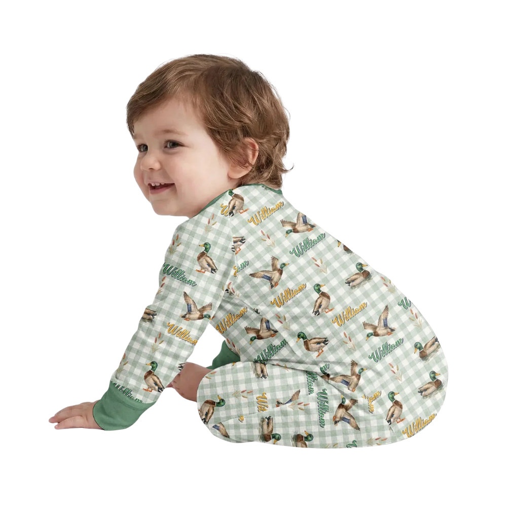 Custom Name Mallard Duck Baby Green Checkered Convertible Zippy Romper, Personalized Mallard Duck Convertible Romper For Baby BB0652