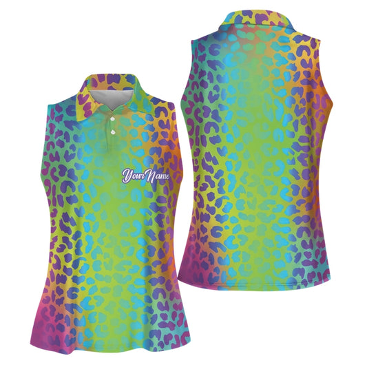Womens sleeveless polo shirt neon rainbow leopard print custom pattern golf shirt, women golf top GY0381