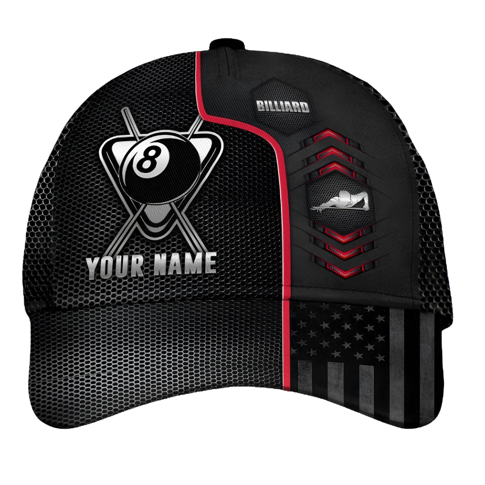 Personalized 8 Ball 3D Printed Billiard Baseball Cap Black Red, Custom Name Cap Hat For Billiard Players CP0423