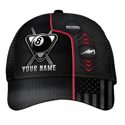 Personalized 8 Ball 3D Printed Billiard Baseball Cap Black Red, Custom Name Cap Hat For Billiard Players CP0423