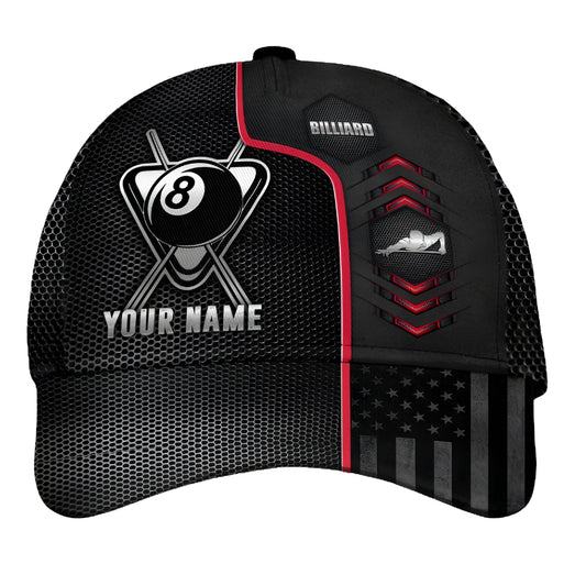 Personalized 8 Ball 3D Printed Billiard Baseball Cap Black Red, Custom Name Cap Hat For Billiard Players CP0423