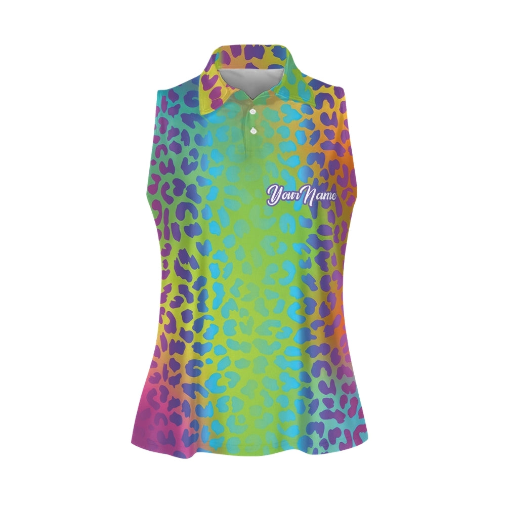 Womens sleeveless polo shirt neon rainbow leopard print custom pattern golf shirt, women golf top GY0381