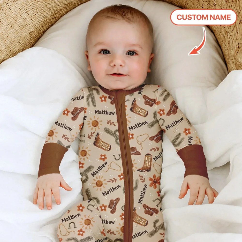 Custom Name Cowboy Baby Convertible Romper Zipper, Custom Western Convertible Baby Romper BB0653