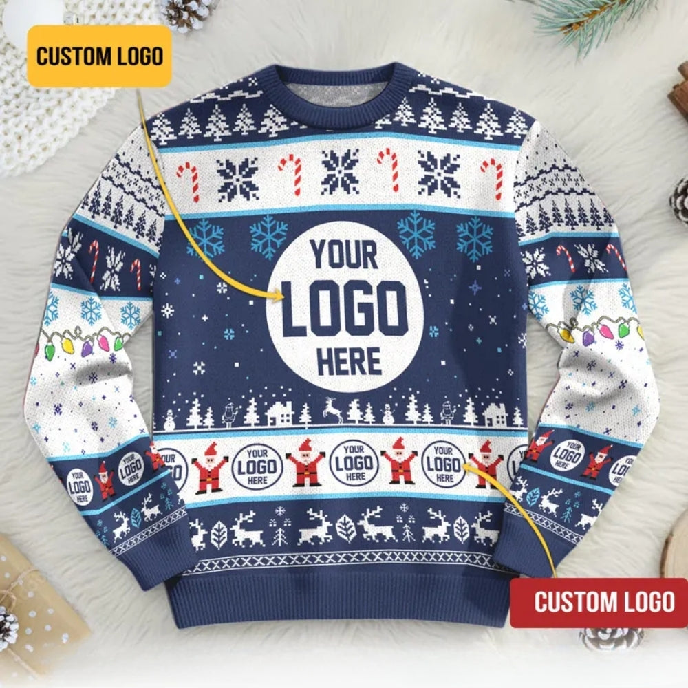 Custom Logo Company Ugly Christmas Sweatshirt Blue, Custom Logo Christmas Sweatshirt 2D1063