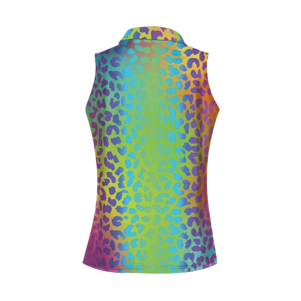 Womens sleeveless polo shirt neon rainbow leopard print custom pattern golf shirt, women golf top GY0381
