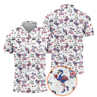 Par Then Par USA Flag Flamingo Men's Golf Polo Shirt, Patriotic Flamingo Golf Shirts For 4th Of July GZ0229