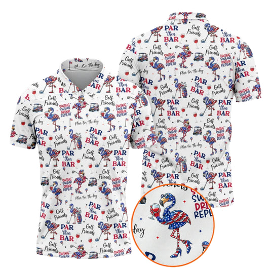 Par Then Par USA Flag Flamingo Men's Golf Polo Shirt, Patriotic Flamingo Golf Shirts For 4th Of July GZ0229