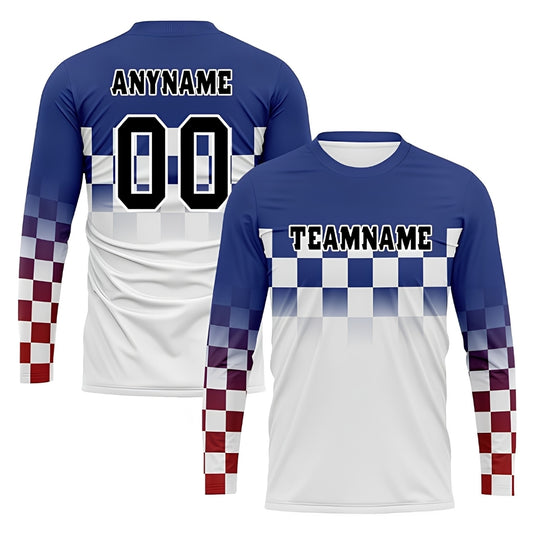 Custom Checkered Blue White Red Dirt Bike Long Sleeve Jersey For Men, Custom Checker Dirt Bike Team Shirts MZ0070
