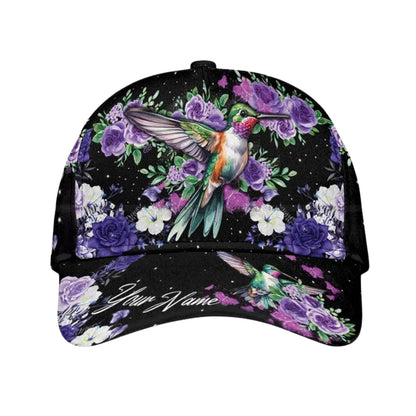 Custom Hummingbird Purple Flower 3D Baseball Cap, Custom Hummingbird Floral Hats Caps CP0164