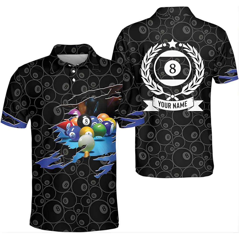 Custom Black Grunge 8 Ball Billiard Polo Shirt Mens, Custom Pool Billiard Shirts BIZ0213