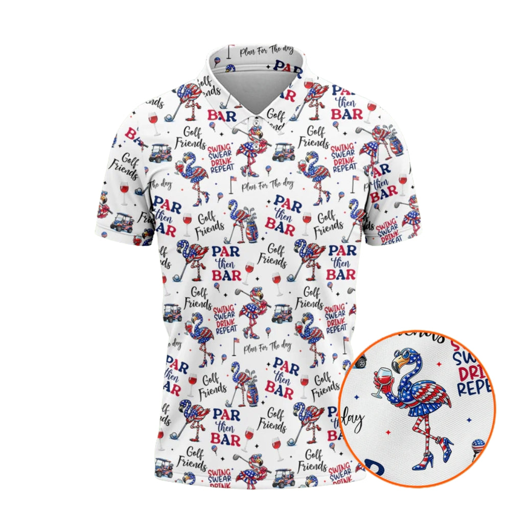 Par Then Par USA Flag Flamingo Men's Golf Polo Shirt, Patriotic Flamingo Golf Shirts For 4th Of July GZ0229