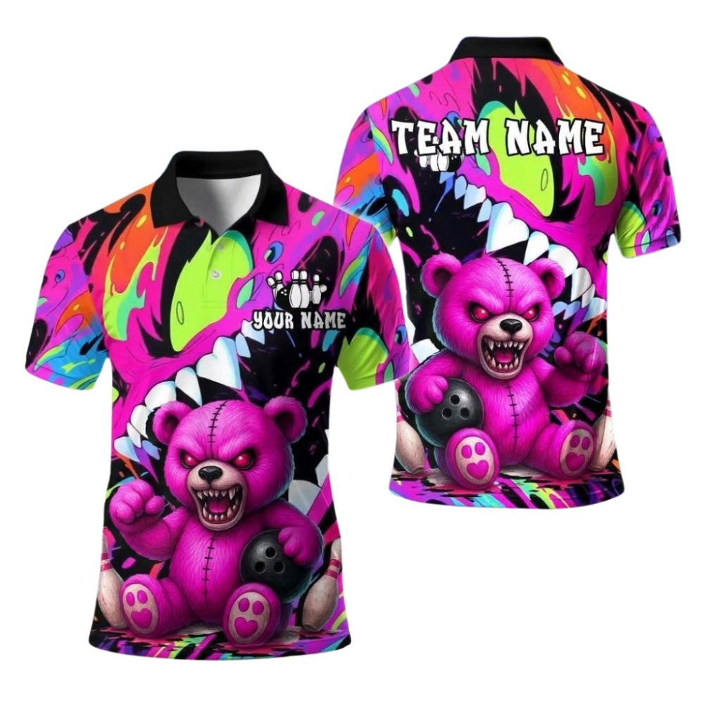 Custom Angry Bear Bowling Polo Shirts For Men, Custom Bear Team Bowling Shirts BE0275