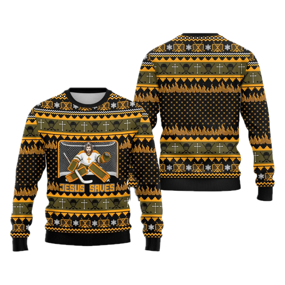 Jesus Saves Hockey Ugly Sweater, Christian Hockey Ugly Sweatshirt For Christmas 2D1237