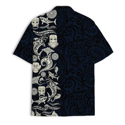 Tribal Tiki Shark Hawaiian Shirt For Men, Navy Tiki Hawaiian Shirts HE0162