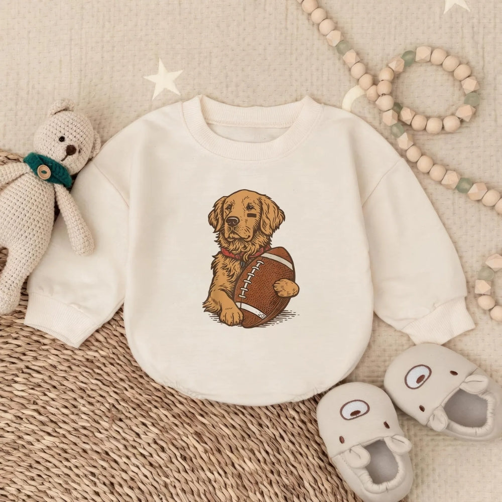 Golden Retriever With Football Baby Romper Sweater, Golden Retriever Baby Romper Sweatshirt BB0209