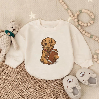 Golden Retriever With Football Baby Romper Sweater, Golden Retriever Baby Romper Sweatshirt BB0209