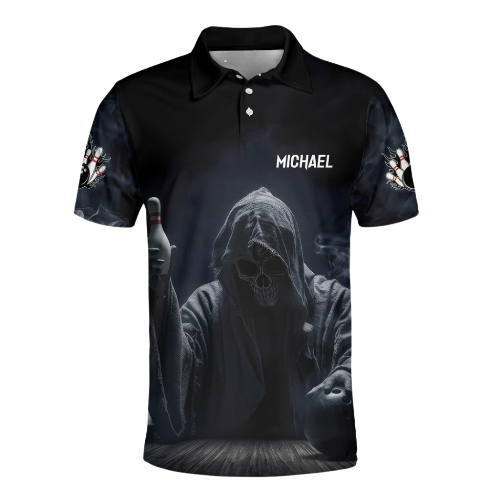 Custom Grim Reaper Bowling Black Polo Shirts For Men, Custom Skull Team Bowling Shirts BZ1091