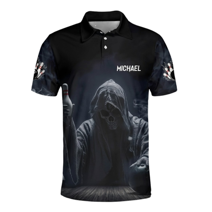 Custom Grim Reaper Bowling Black Polo Shirts For Men, Custom Skull Team Bowling Shirts BZ1091