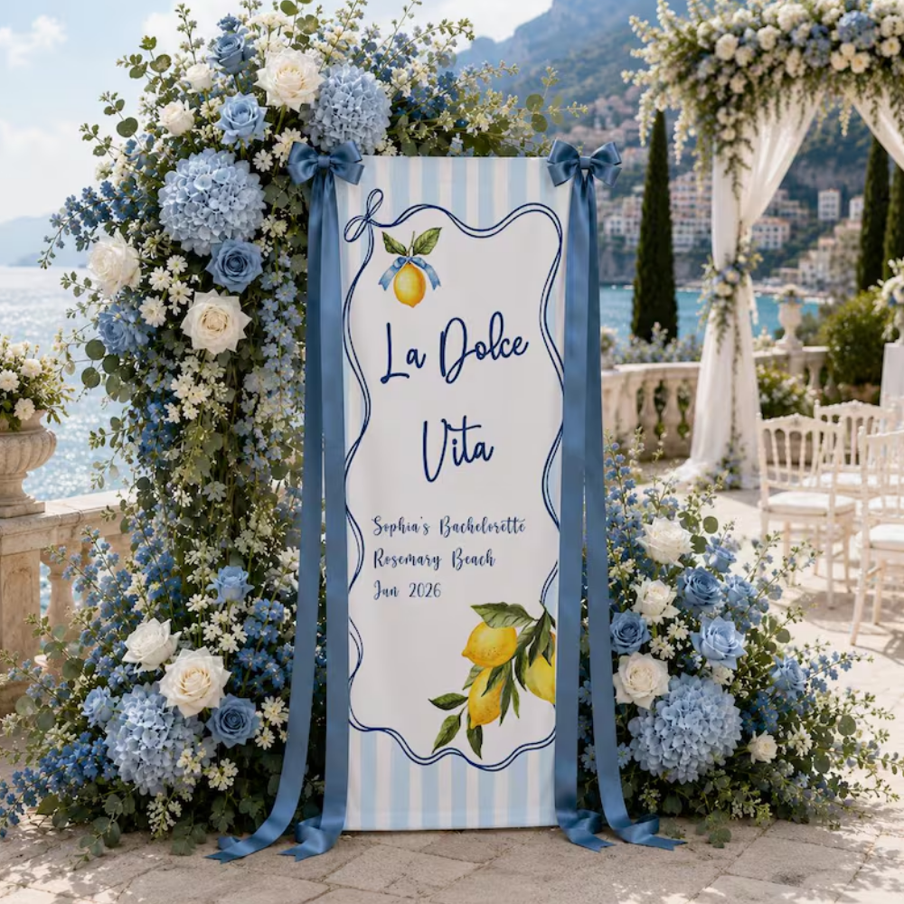 Custom Lemon Blue Stripe Bachelorette Fabric Welcome Banner, Custom Beach Bachelorette Welcome Sign WD0489