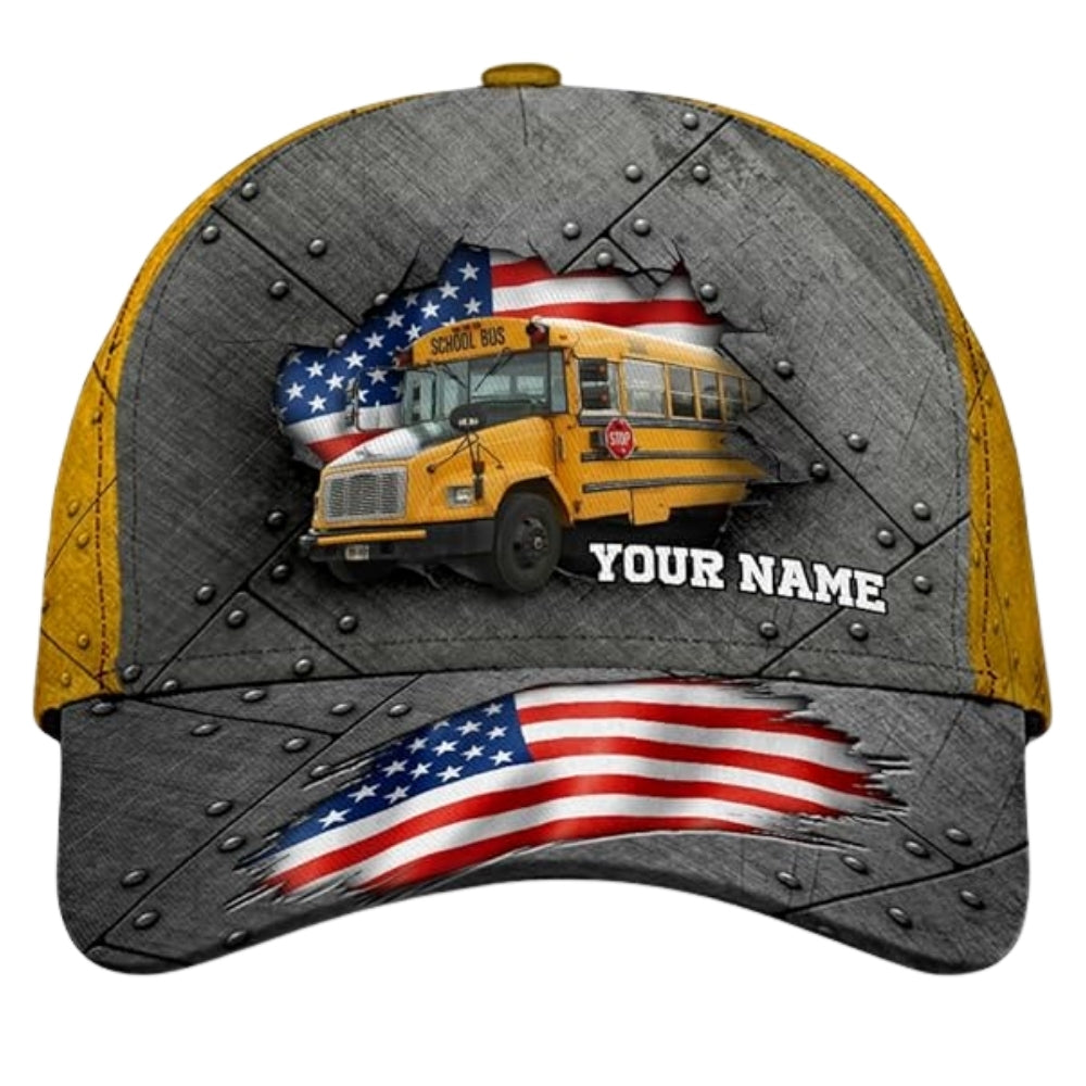 Custom School Bus USA Flag Basball Cap, Custom Name Bus Driver 3D Printed Cap CP0453