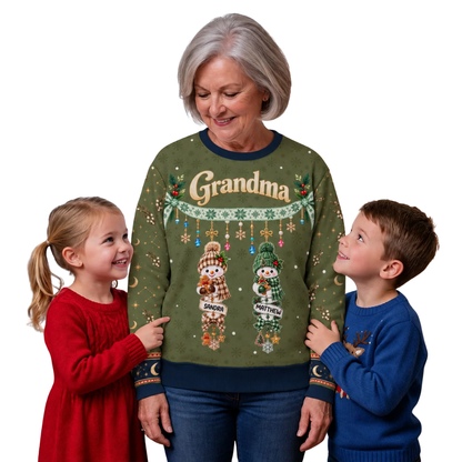 Grandma Custom Snowmen With Grandkids Names 3D Sweatshirt, Personalized Grandmother Christmas Sweatshirt 2D1206